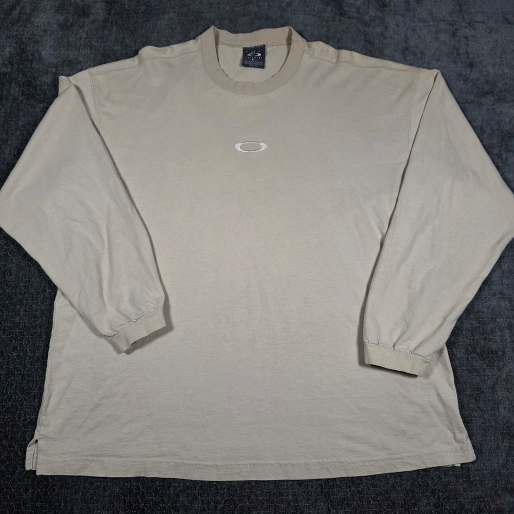 Vtg Made In USA Oakley Software Long Sleeve T-Shirt Tan Beige Embroidered Large
